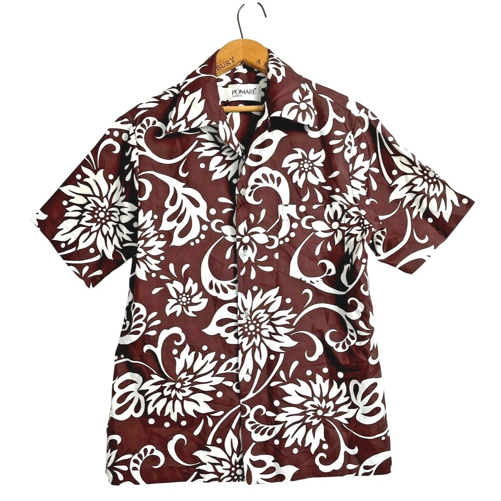 Vintage Pomare Hawaiian Floral Shirt Chocolate‎ Brown Mens Size Medium M USA 70s